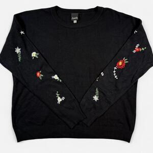 Aaeda Embroidered Sleeve Sweater Women’s M Black Floral Cottagecore Minimalist